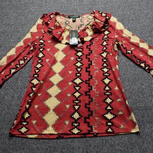 LAUREN RALPH LAUREN Women's Boho Aztec Cotton Modal Ruffle Top Blouse LS Size M